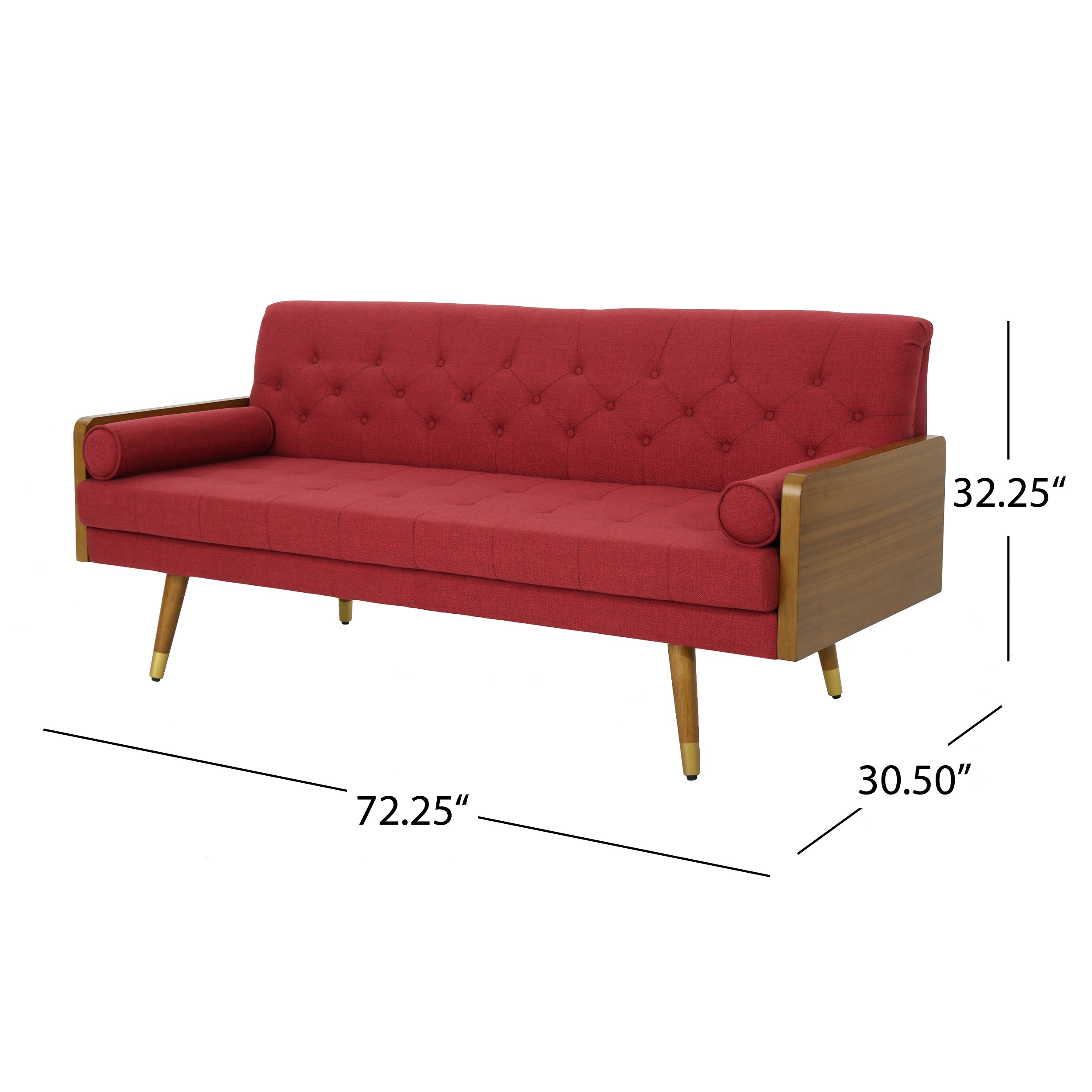Mid-Century Modern Sofa with Button Tufting & Gold-Tipped Rubberwood Legs – Fabric Upholstered Living Room Couch