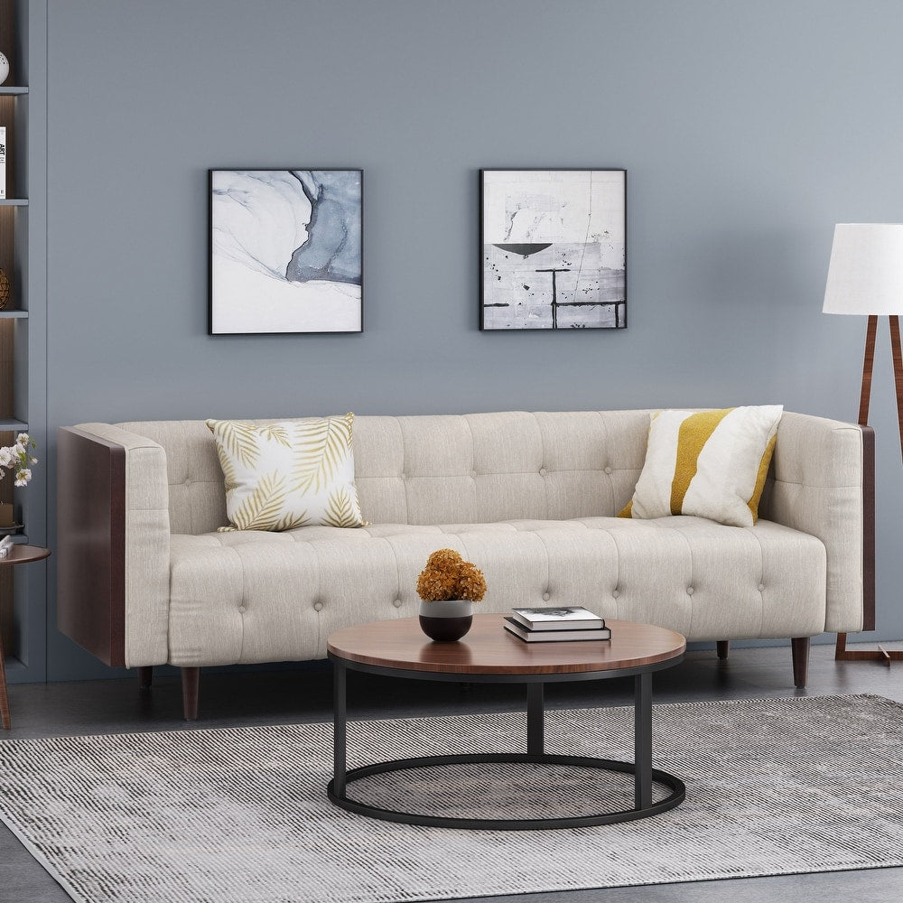 Stylish Mid-Century Modern Three-Seater Sofa with Button-Tufted Waffle Stitch