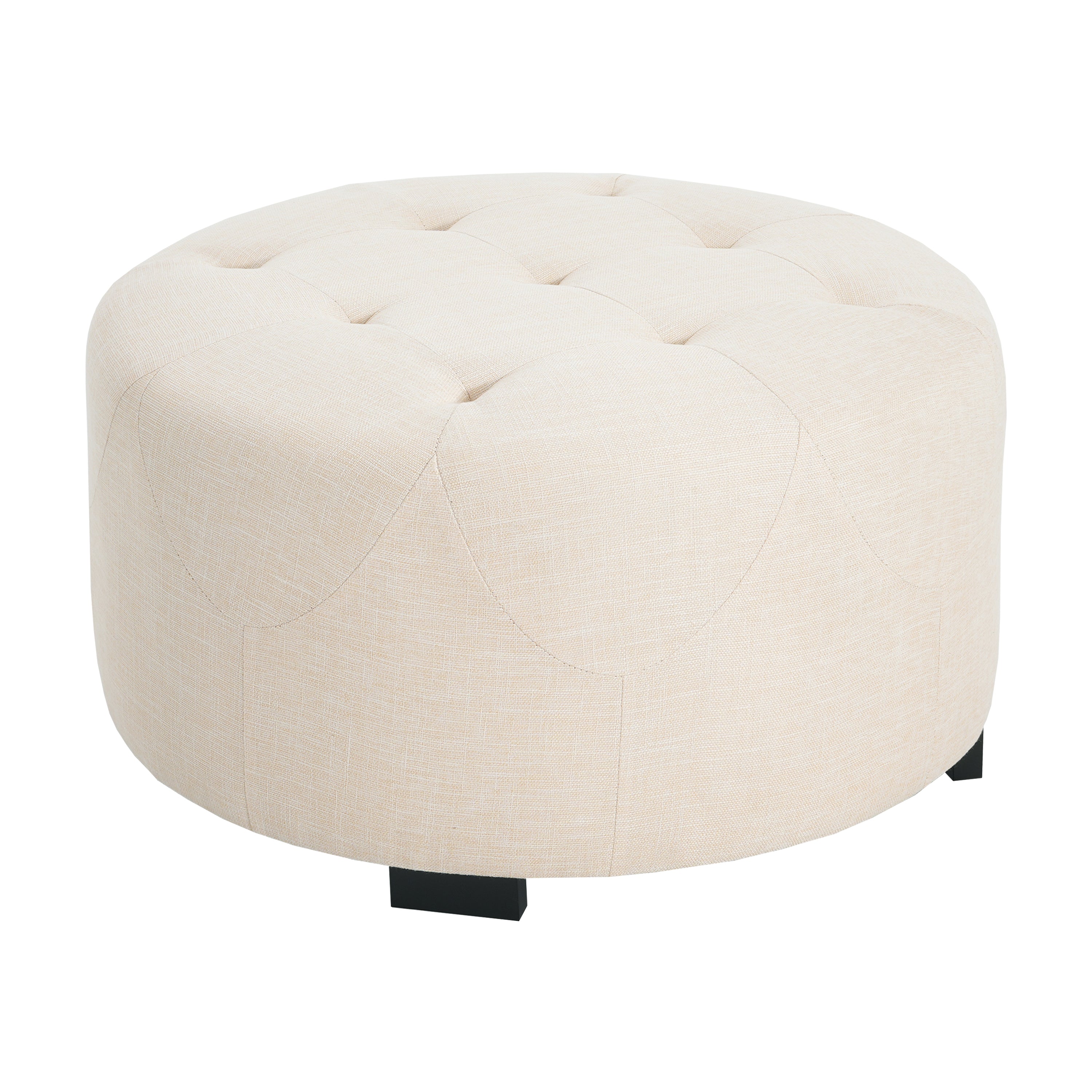 Christopher Knight Home Round Linen Ottoman with Button Tufted Design & Birch Wood Legs – Versatile Footstool and Extra Seating