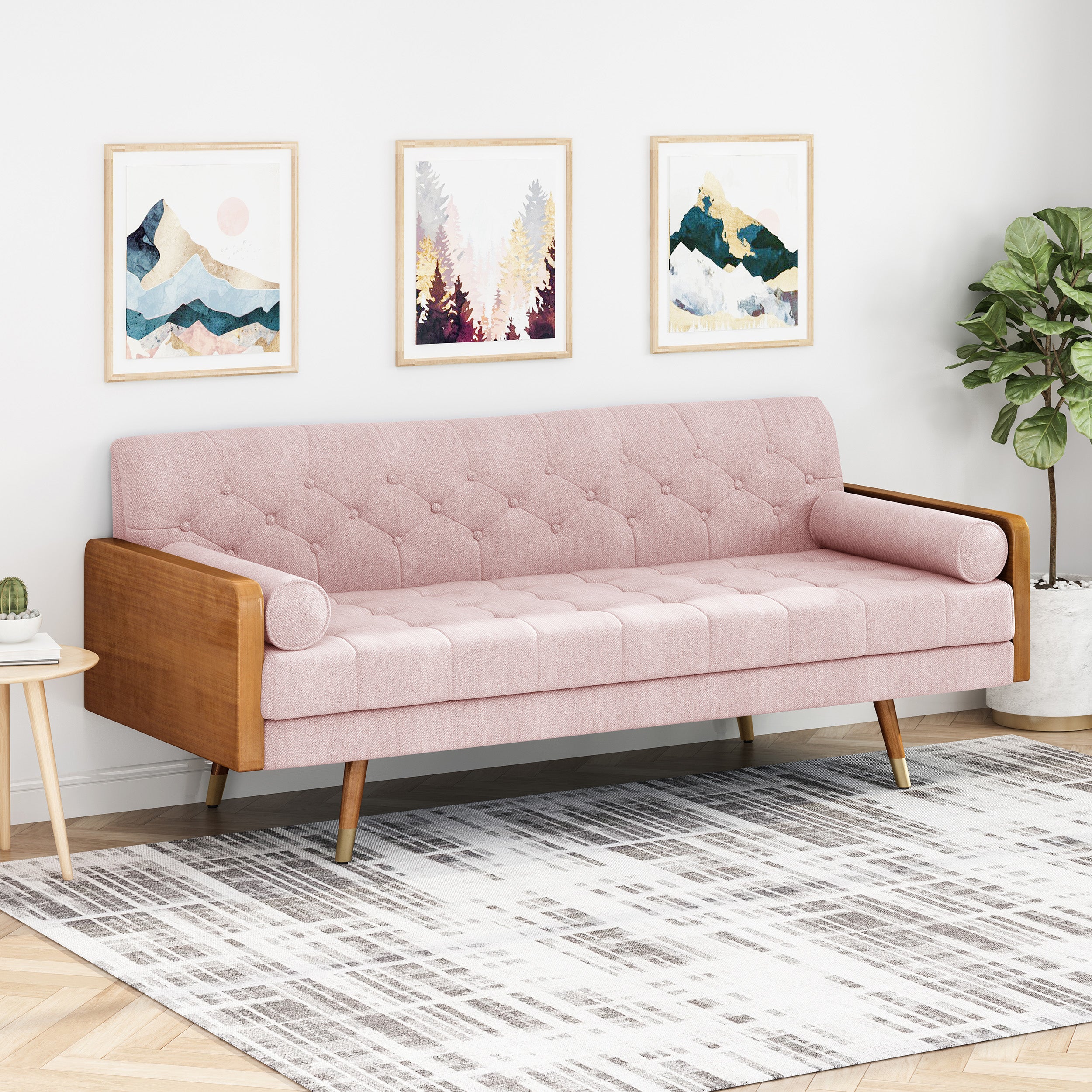 Christopher Knight Home Mid-Century Modern Tufted Fabric Sofa with Gold-Tipped Rubberwood Legs, Blush