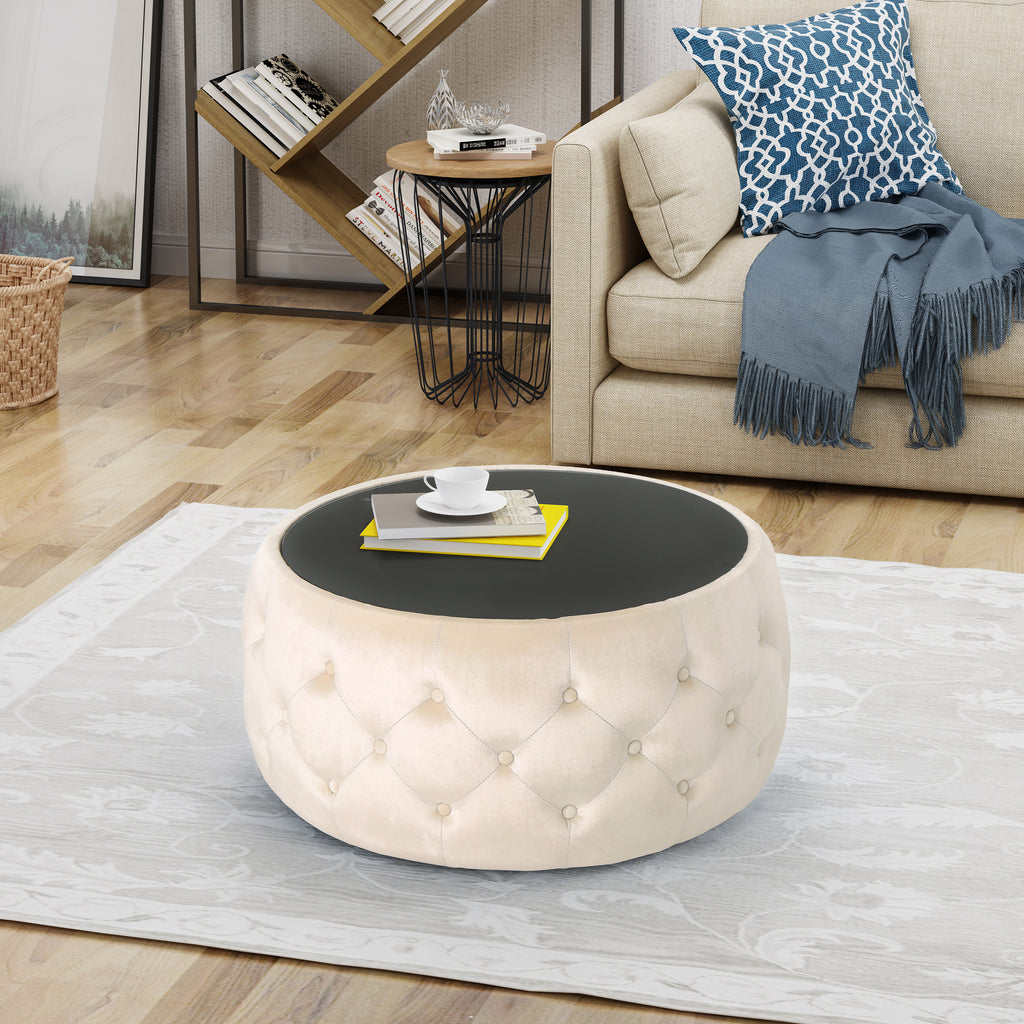 Christopher Knight Home Velvet Round Tufted Ottoman with Tempered Glass Top – Modern Glam Accent