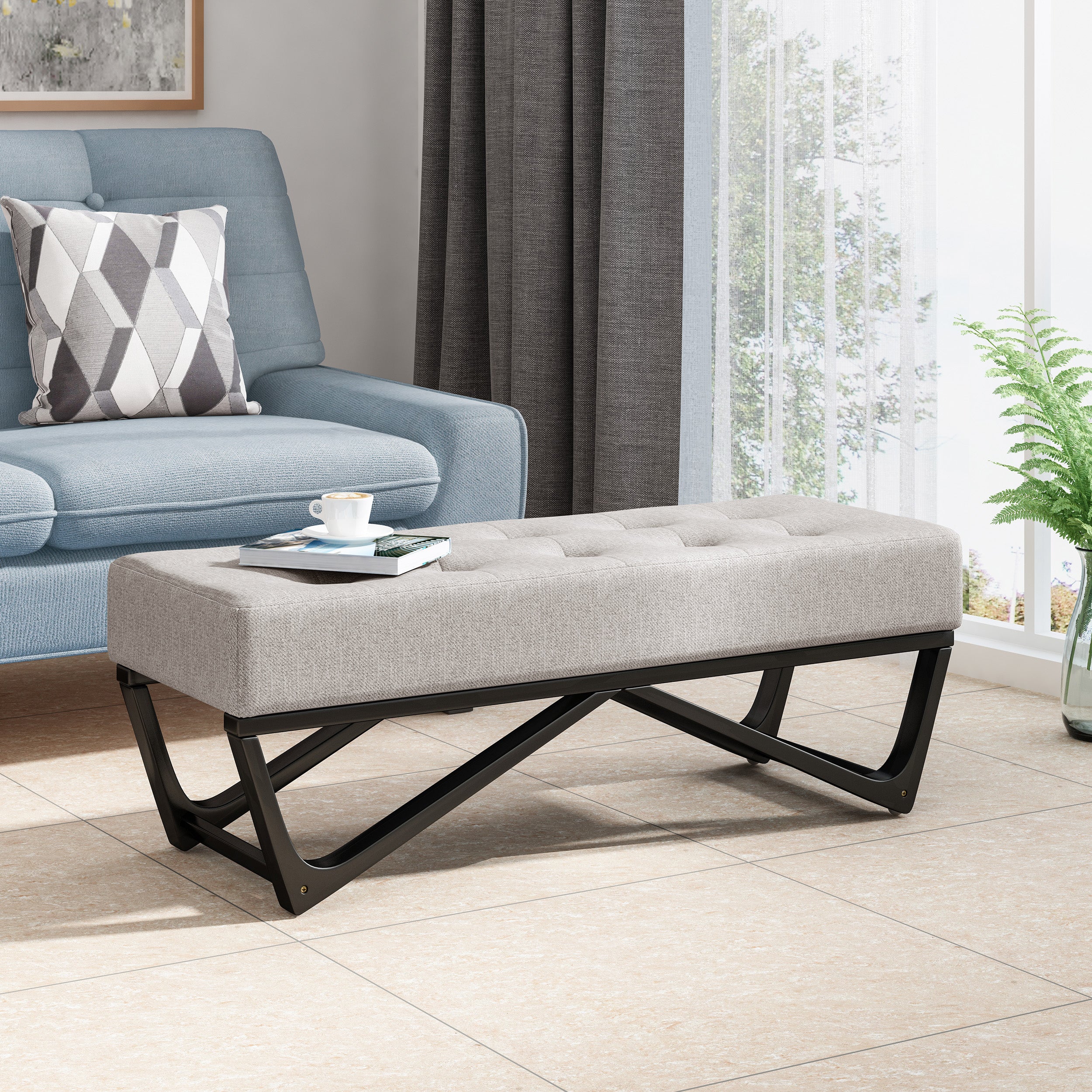 Christopher Knight Home Modern Upholstered Ottoman Bench with Tufted Waffle Stitch & Bentwood Base