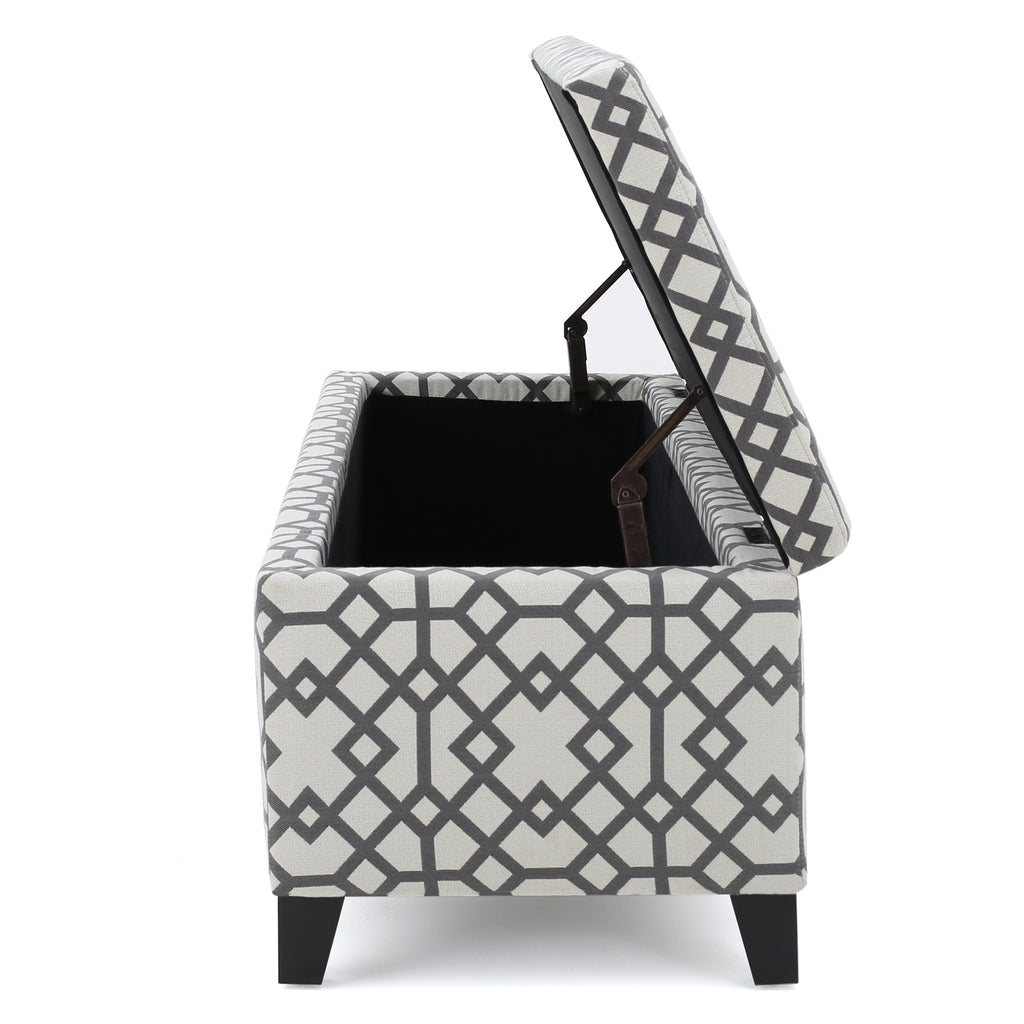 Storage Bench Ottoman with Hidden Storage & Geometric Gray-White Upholstery