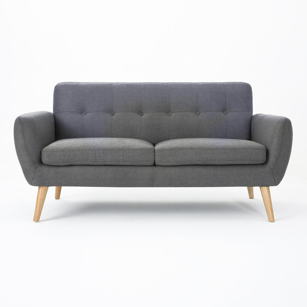 Mid-Century Modern Loveseat with Button-Tufted Waffle Stitch & Tapered Wood Legs – Compact Small-Space Sofa