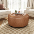 Christopher Knight Home Faux Leather Round Ottoman with Button Tufted PU Upholstery & Birch Wood Legs – Footstool and Extra Seating