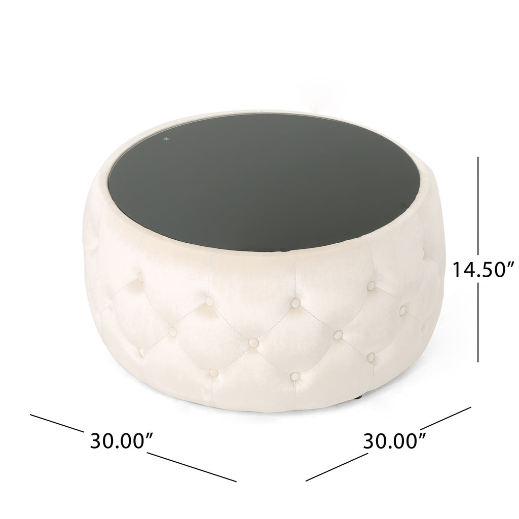 Christopher Knight Home Velvet Round Tufted Ottoman with Tempered Glass Top – Modern Glam Accent