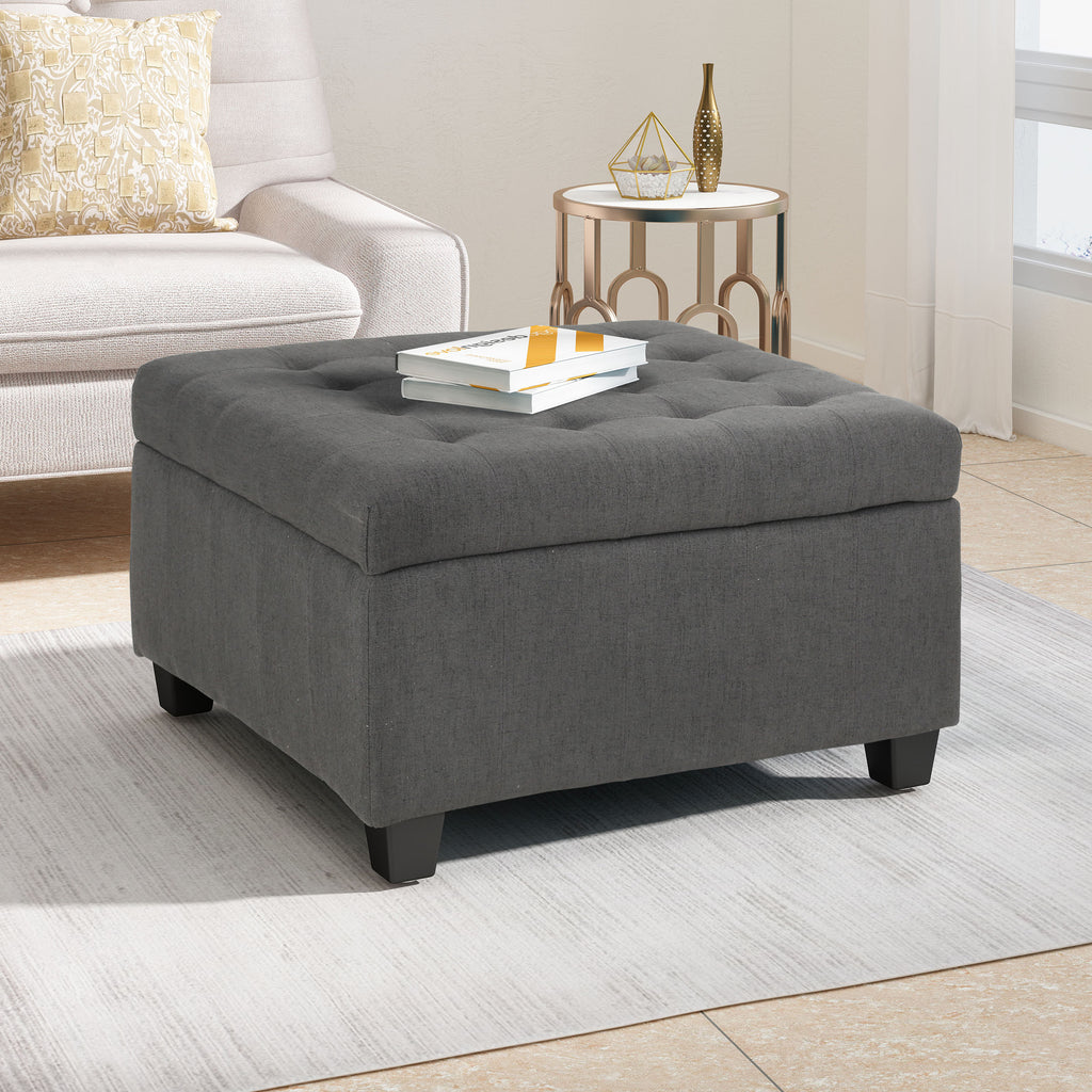 Tufted Square Storage Ottoman with Soft-Closing Hinges & Upholstered Lid