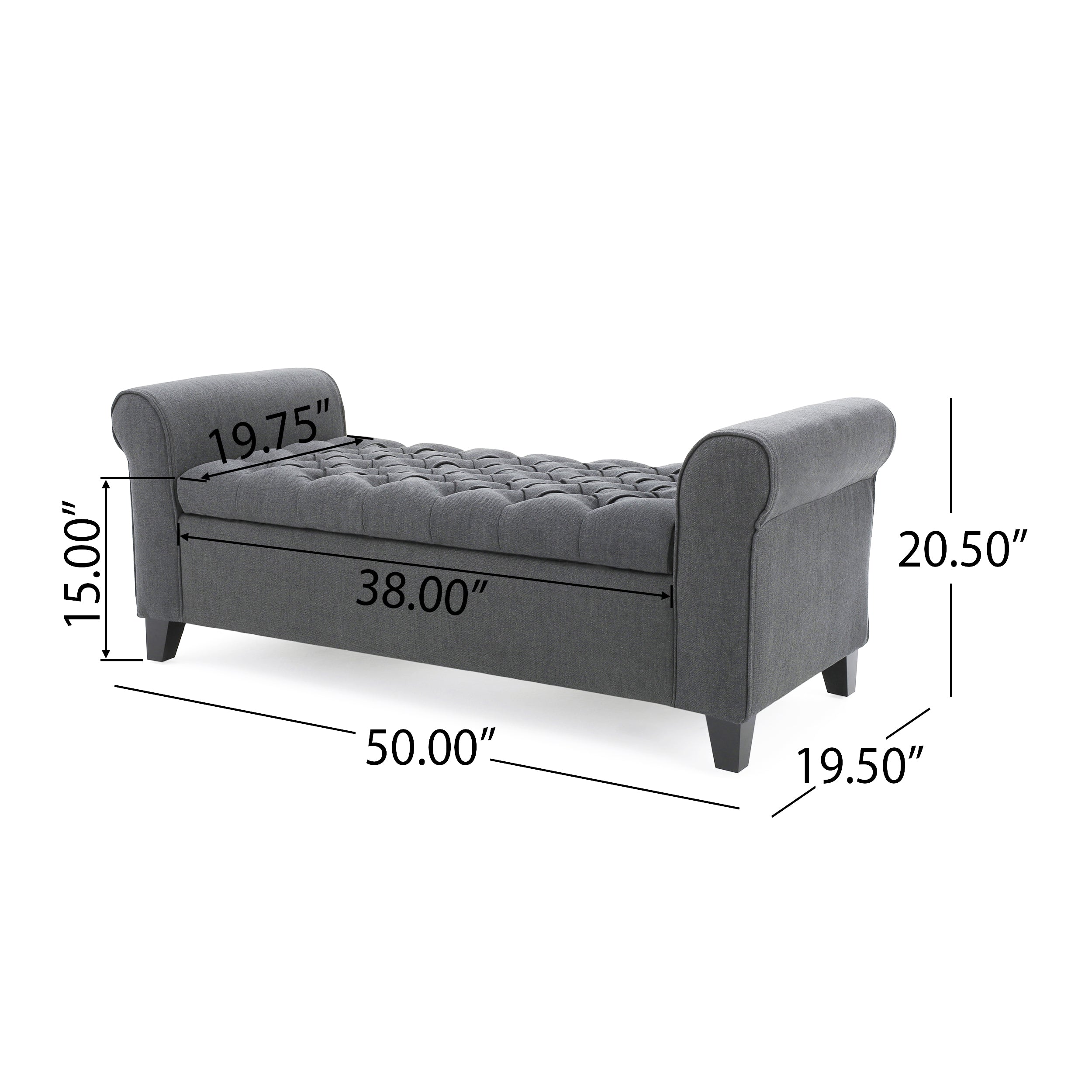 Contemporary Storage Ottoman Bench – Button-Tufted Diamond Stitch, Rolled Arms & Hidden Storage, 50” W