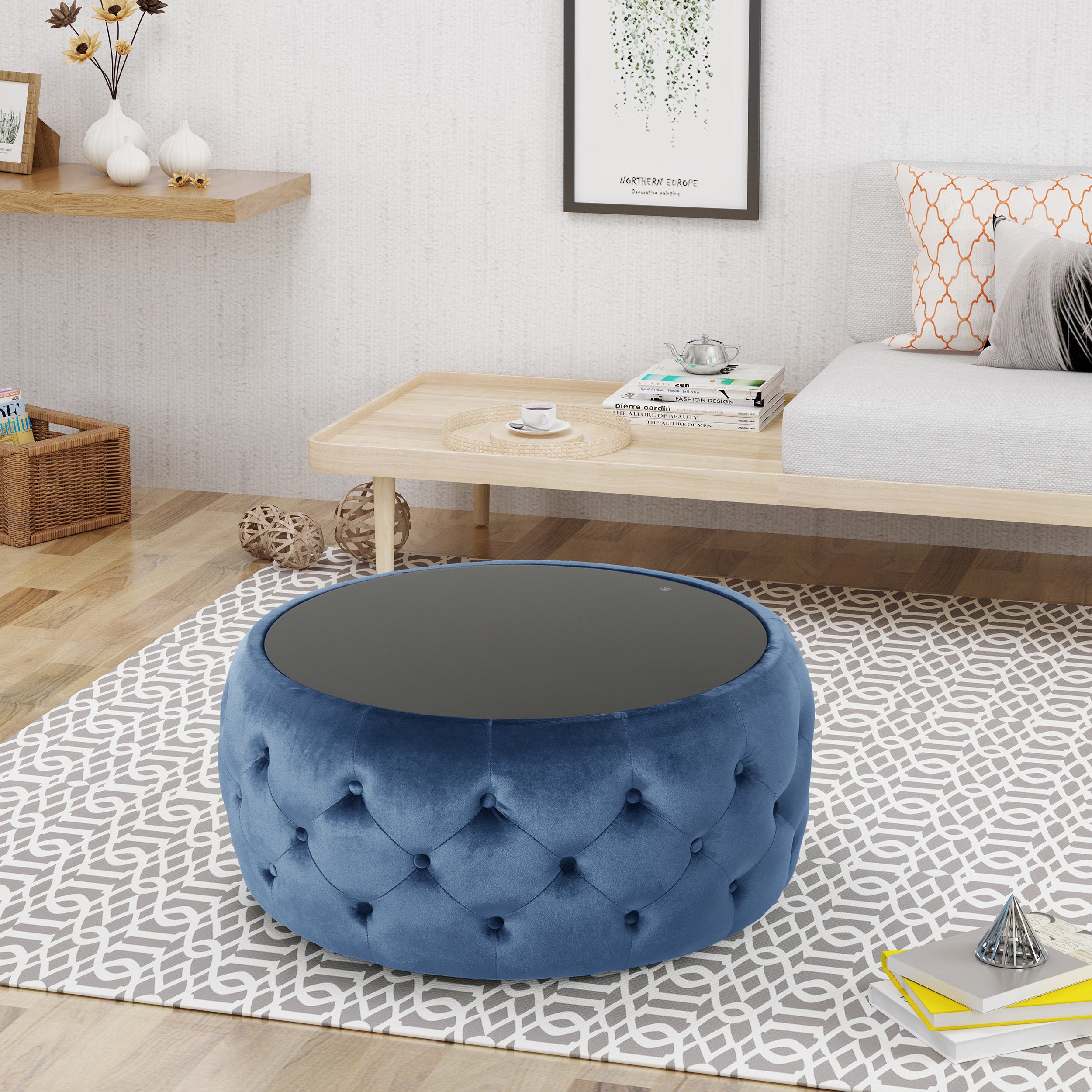 Christopher Knight Home Velvet Round Tufted Ottoman with Tempered Glass Top – Modern Glam Accent