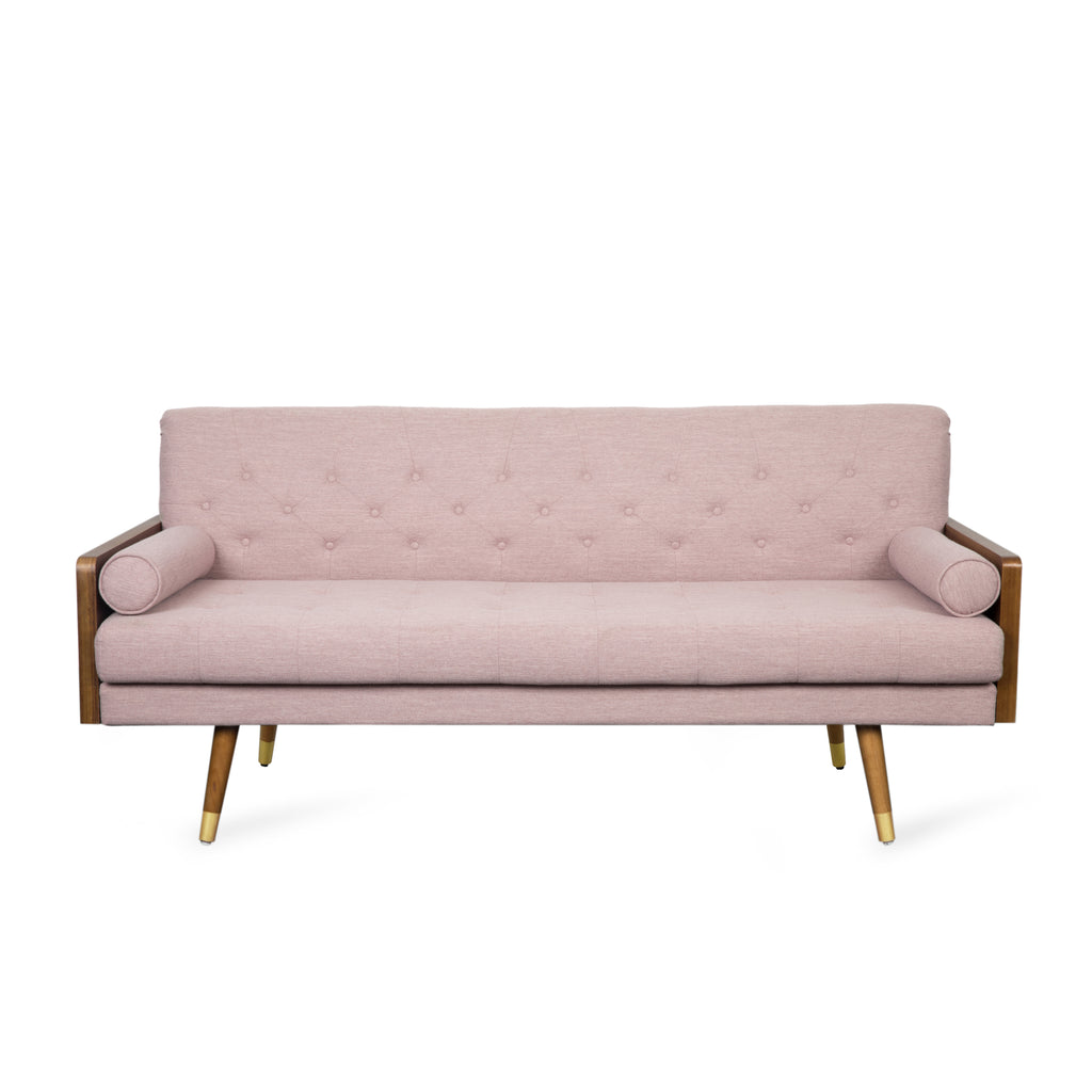 Christopher Knight Home Mid-Century Modern Tufted Fabric Sofa with Gold-Tipped Rubberwood Legs, Blush