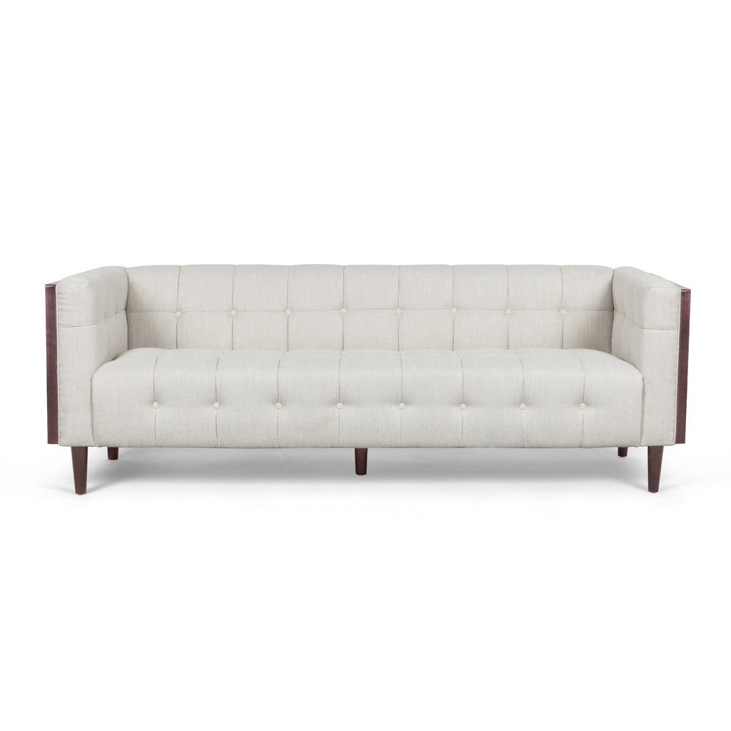 Stylish Mid-Century Modern Three-Seater Sofa with Button-Tufted Waffle Stitch