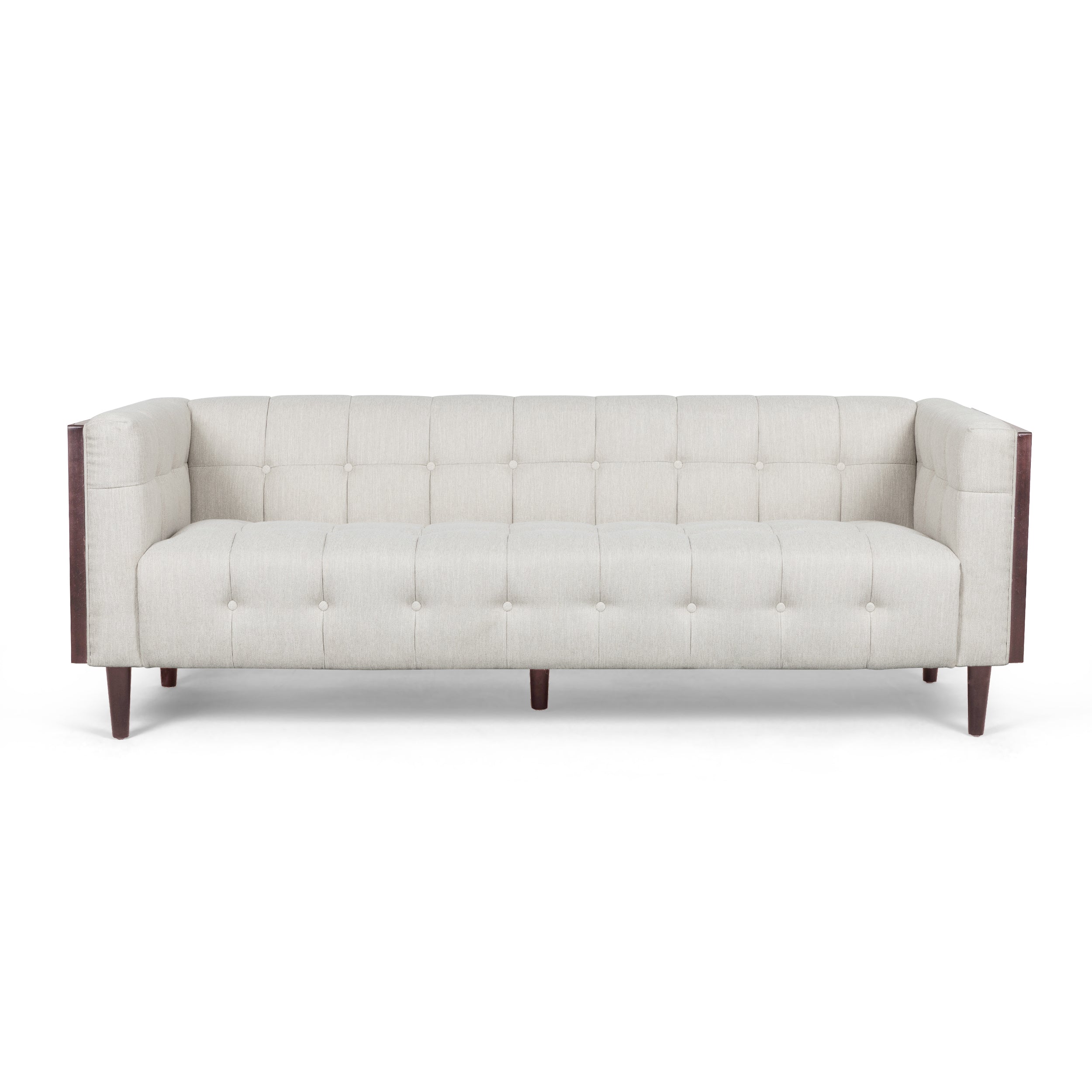 Stylish Mid-Century Modern Three-Seater Sofa with Button-Tufted Waffle Stitch