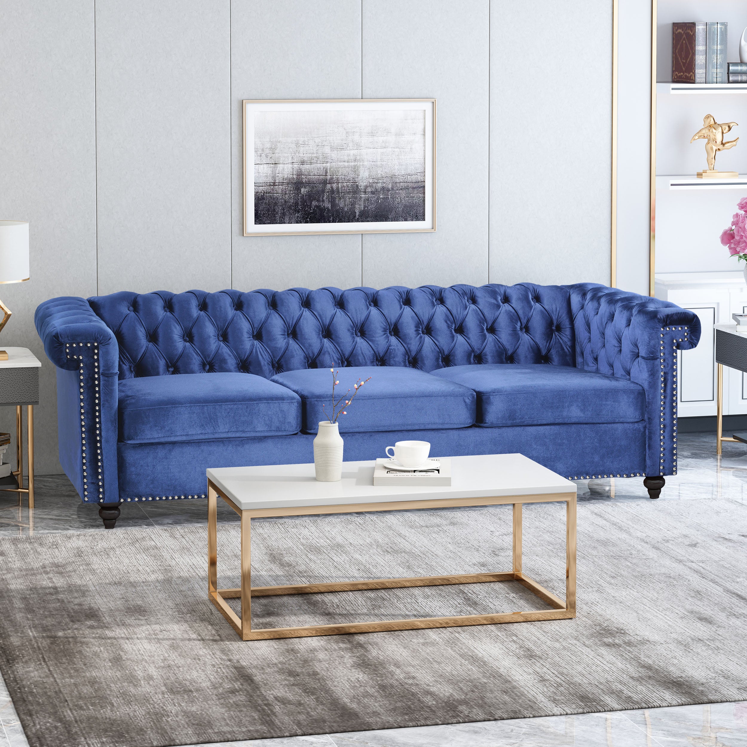 Chesterfield-Style Sofa with Deep Button Tufting & Nailhead Trim – Classic Upholstered Living Room Couch