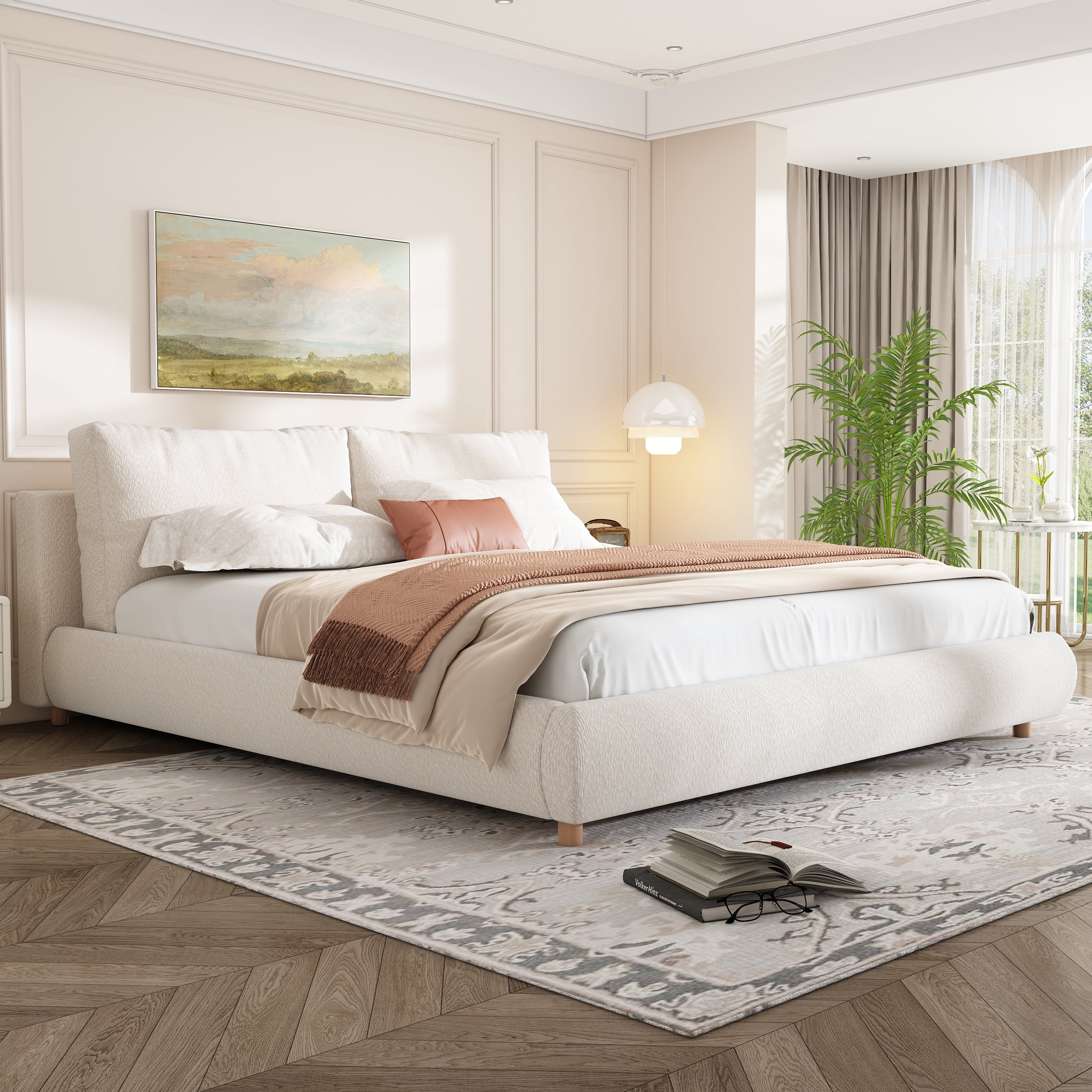 Christopher Knight Home Modern Boucle Upholstered Platform Bed with Pillow Headboard