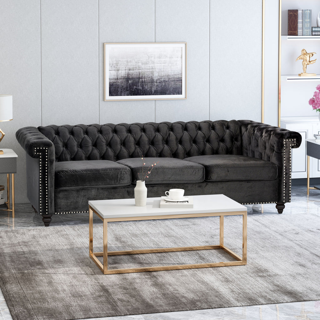 Chesterfield-Style Sofa with Deep Button Tufting & Nailhead Trim – Classic Upholstered Living Room Couch