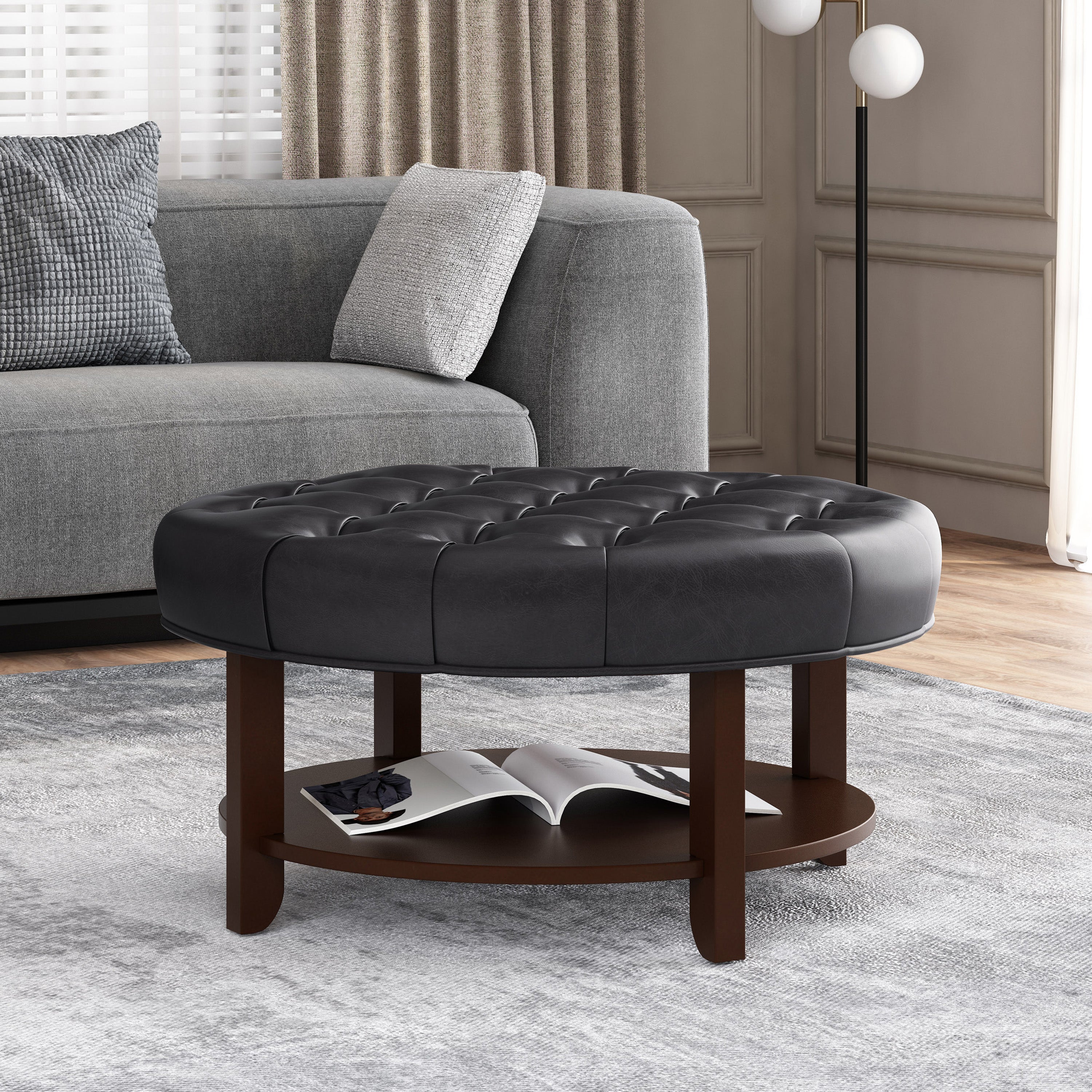 Christopher Knight Home 32" Round Ottoman with Button Tufting & Open Shelf – Modern Coffee Table