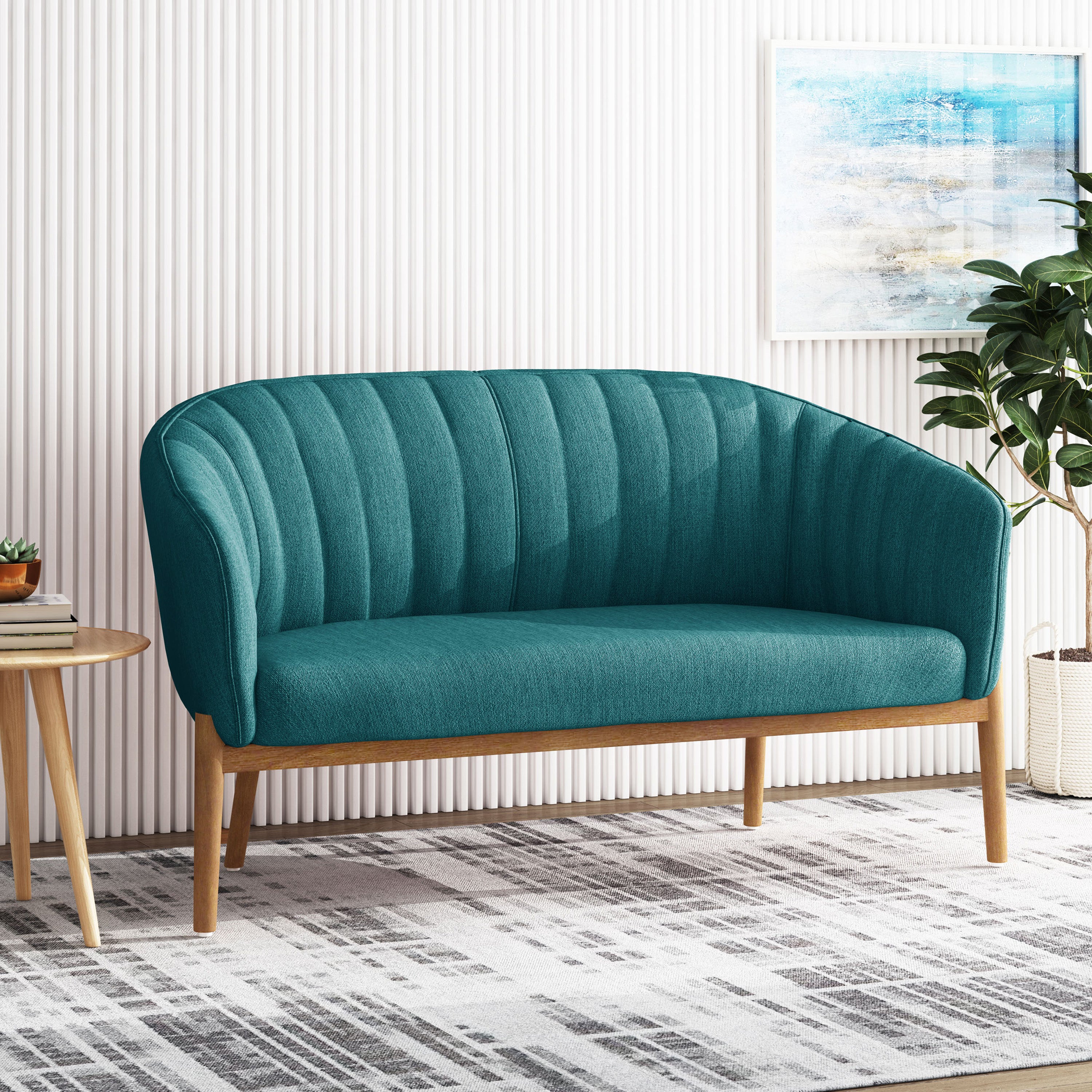 Mid-Century Modern Loveseat with Channel-Stitched Backrest & Rubberwood Legs – Upholstered Small Sofa