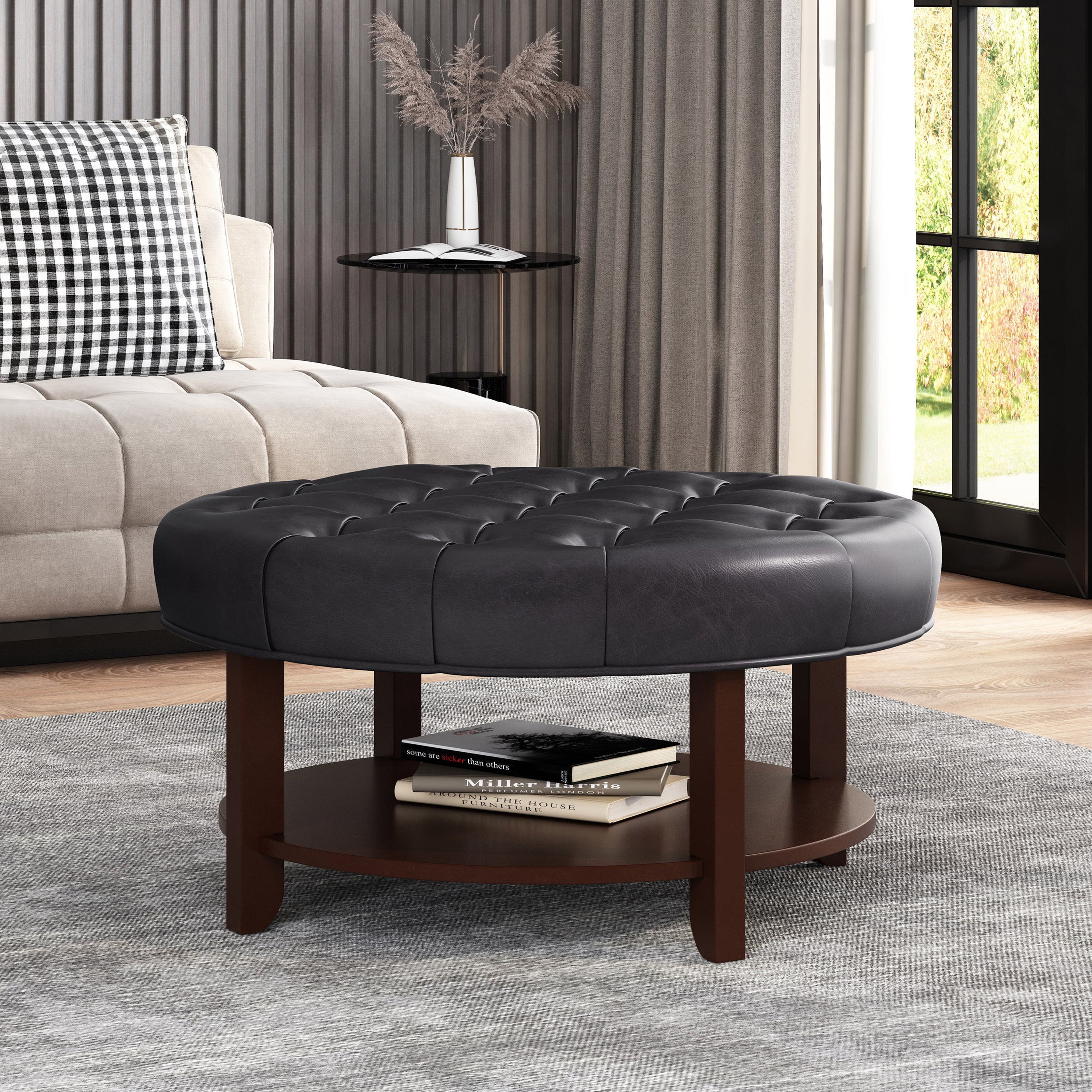 Christopher Knight Home 32" Round Ottoman with Button Tufting & Open Shelf – Modern Coffee Table