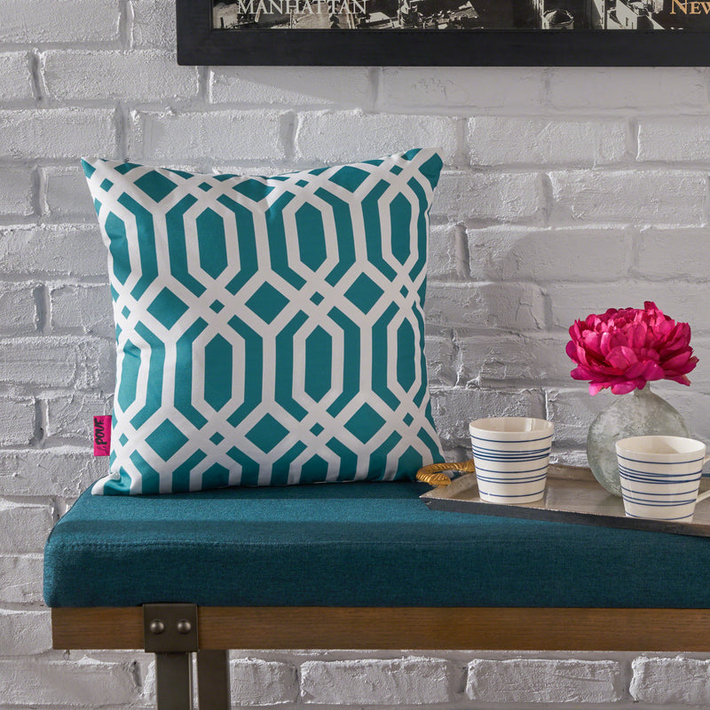 Raylan Indoor Dark Teal Arabesque Patterned Water Resistant Square Throw Pillow