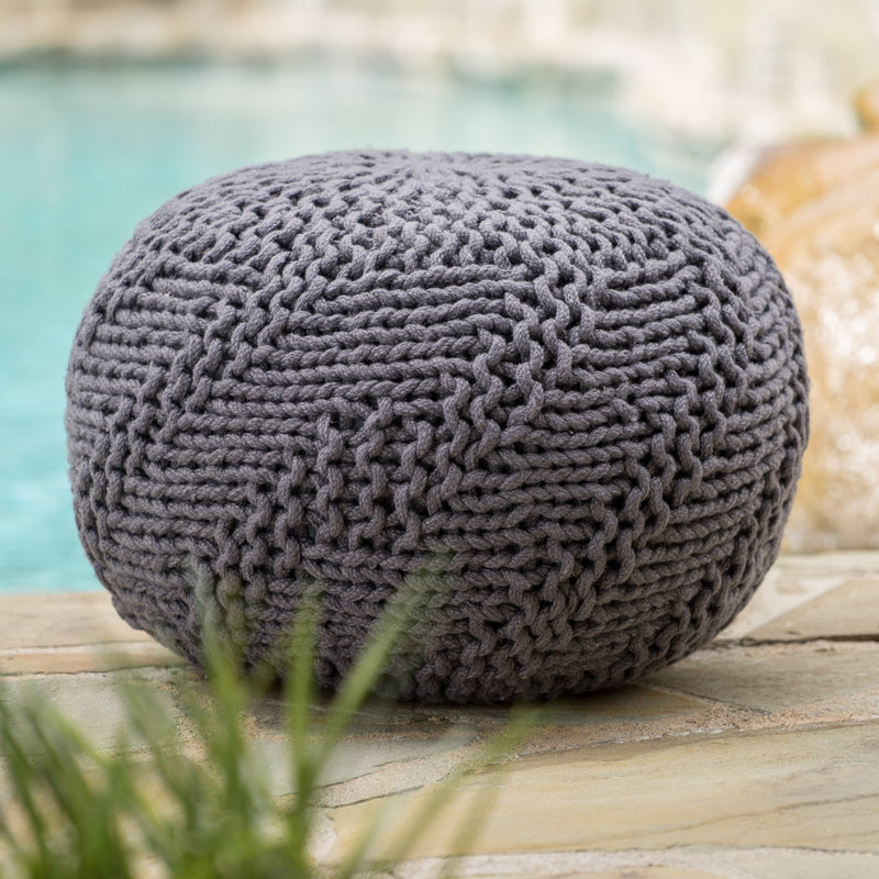 Ashbury Outdoor Boho Round Hand-Crafted Knitted Ottoman Pouf