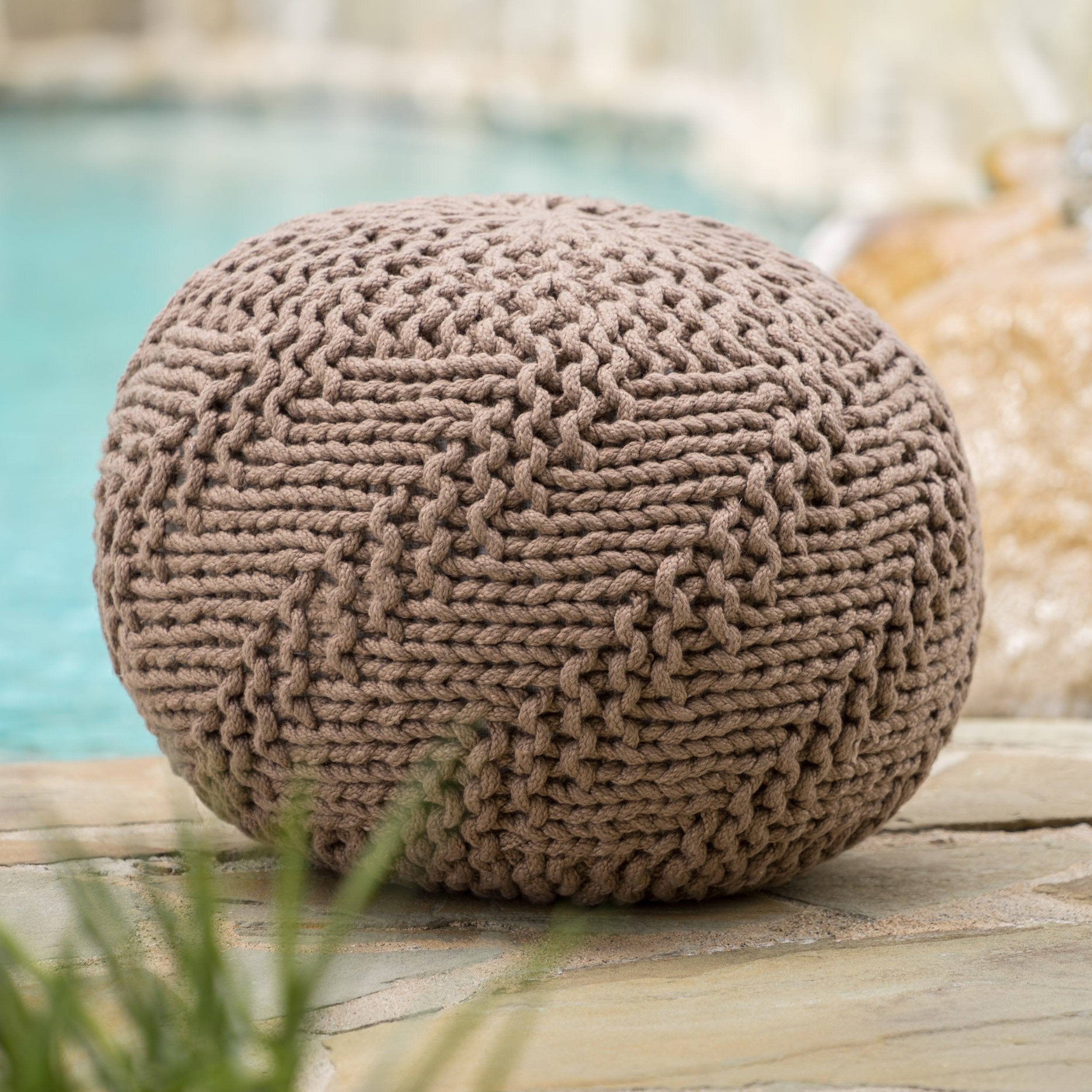 Ashbury Outdoor Boho Round Hand-Crafted Knitted Ottoman Pouf