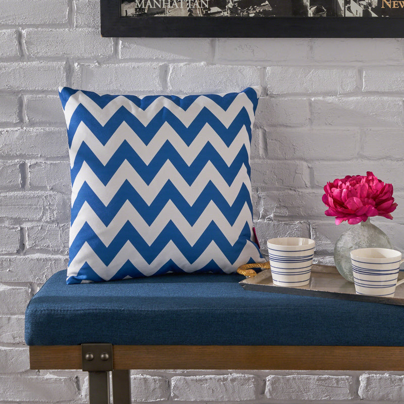 Ernest Indoor Blue and White Zig Zag Striped Water Resistant Square Throw Pillow