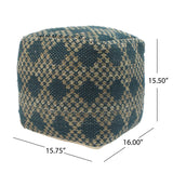 Mamie Cube Pouf, Boho, Beige and Teal Yarn