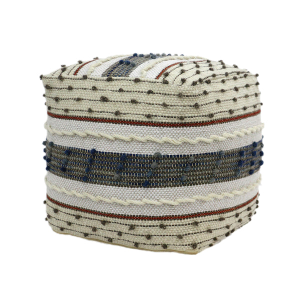 Riva Boho Wool and Cotton Ottoman Pouf, Blue, White, and Red