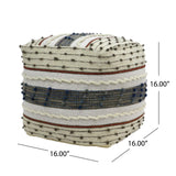 Riva Boho Wool and Cotton Ottoman Pouf, Blue, White, and Red