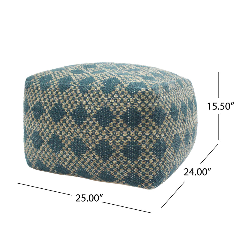 Georgia Outdoor Large Square Casual Pouf, Boho, Beige and Teal Yarn