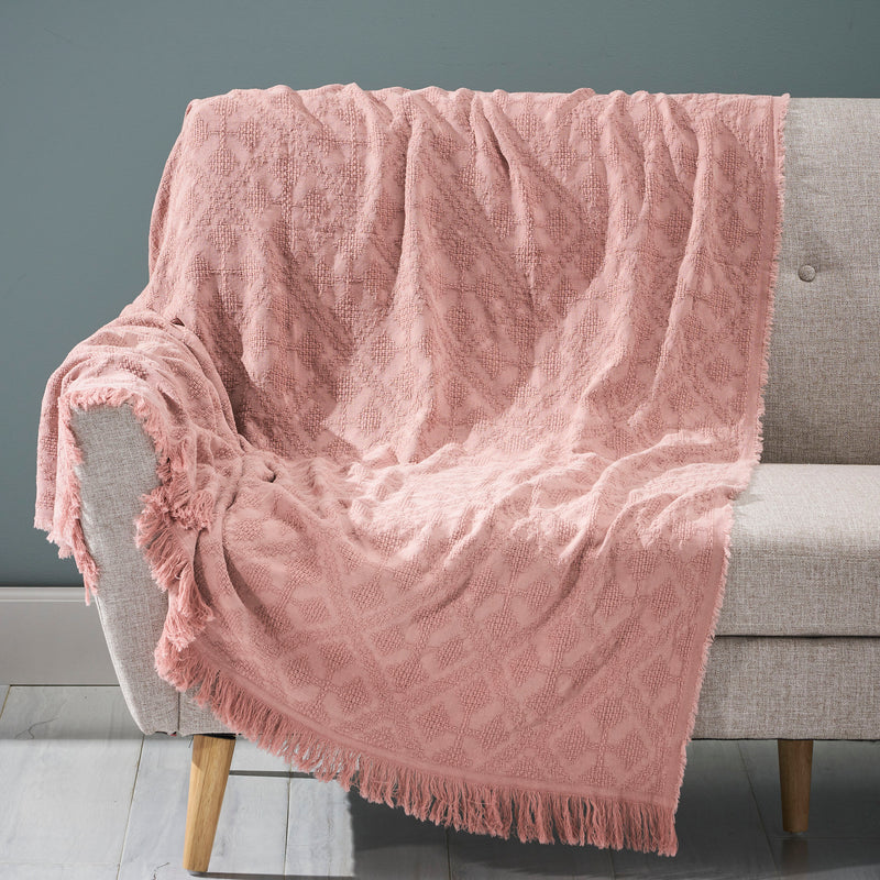 Avery Contemporary Cotton Throw Blanket with Fringes, Dusty Pink