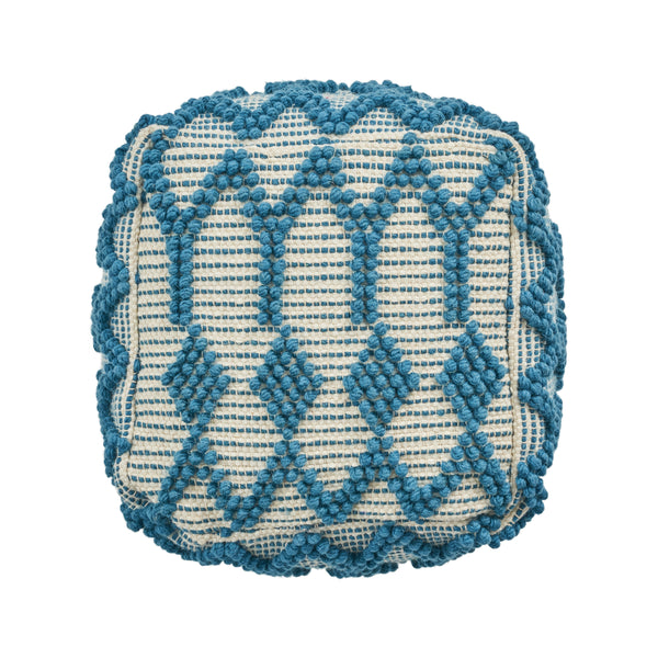 Jessie Boho Wool and Cotton Ottoman Pouf, Teal and White