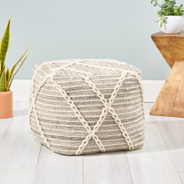 Jean Contemporary Wool and Cotton Pouf Ottoman, Gray and Ivory