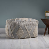 Winnie Contemporary Faux Yarn Pouf Ottoman, Ivory and Gray