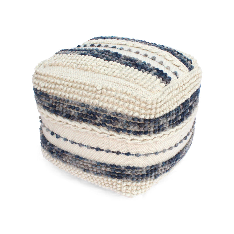 Christal Contemporary Wool and Cotton Pouf Ottoman, White and Blue