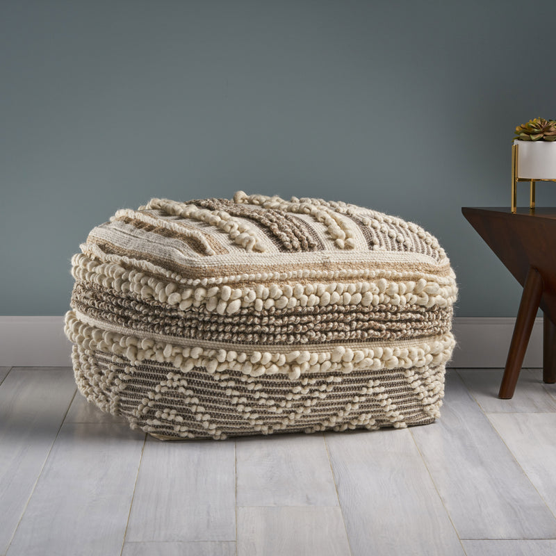 Annabelle Contemporary Wool and Cotton Pouf Ottoman, Natural and White