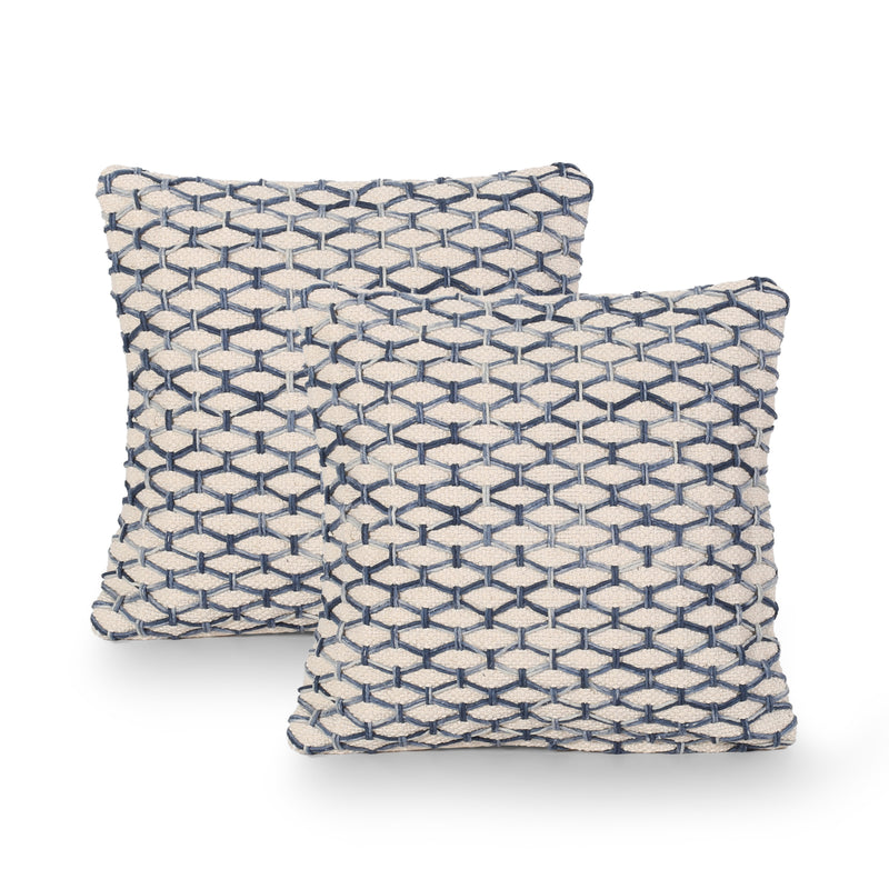 Clement Boho Cotton Pillow Cover (Set of 2), Blue and White