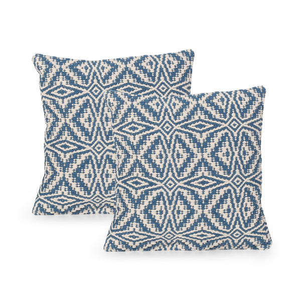 Ellie Boho Cotton Throw Pillow (Set of 2), Blue and White
